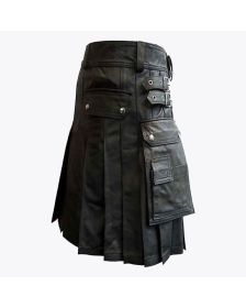 Black Leather Kilt with Cargo Pockets
