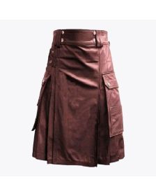 Chocolate Brown Leather Kilt with Cargo Pockets
