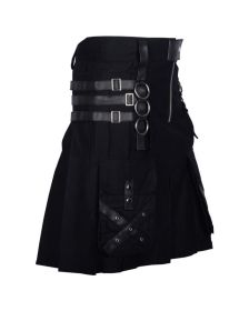 Black Cotton Kilt Gothic Throng With Leather Straps 