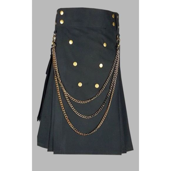 Black Utility Kilt With Golden Chain 