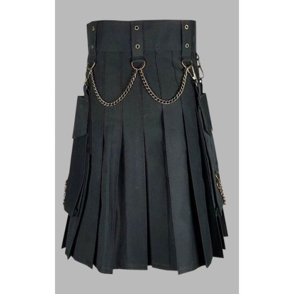 Black Utility Kilt With Golden Chain 
