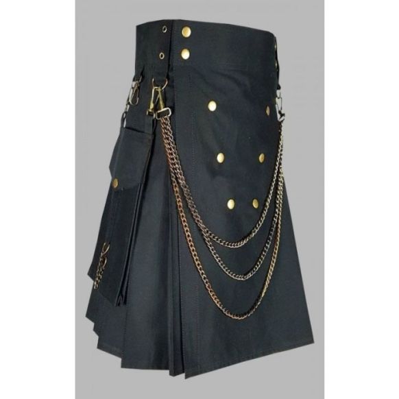 Black Utility Kilt With Golden Chain 