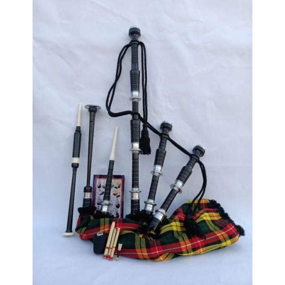 Black Bagpipe Set Buchanan Tartan 