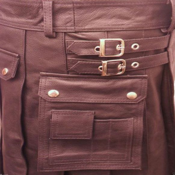 Chocolate Brown Leather Kilt with Cargo Pockets
