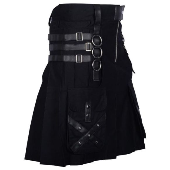 Black Cotton Kilt Gothic Throng With Leather Straps 