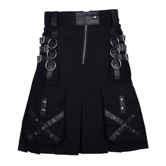 Black Cotton Kilt Gothic Throng With Leather Straps 