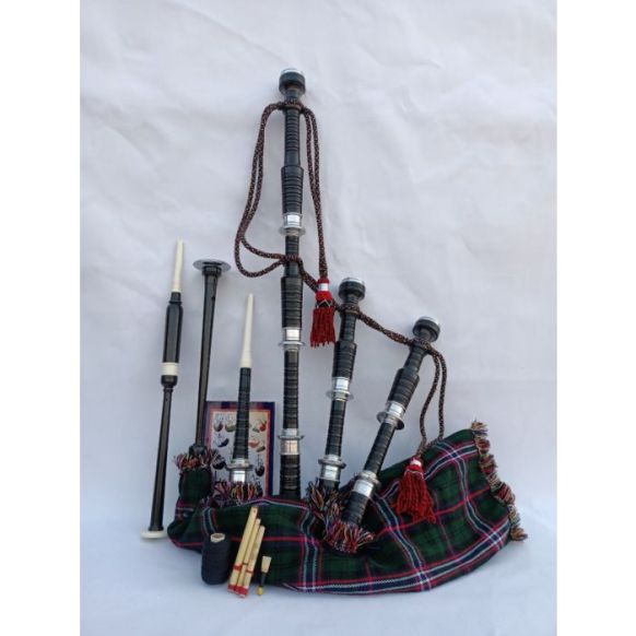 Scottish National Tartan with Black Finish Bagpipe Set
