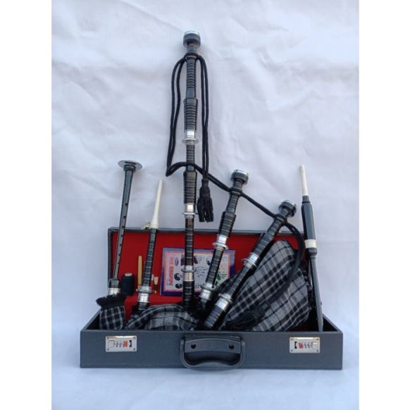 Black Finish Grey Watch Tartan Bagpipe Set